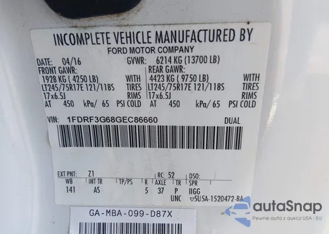 2016 Ford F-350 Chassis z USA, uszkodzony, nr VIN 1FDRF3G68GEC86660